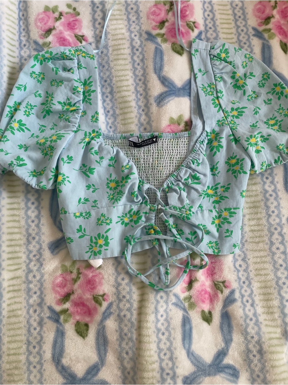 Zara Light Blue Floral Smocked Lace-Up Crop Top